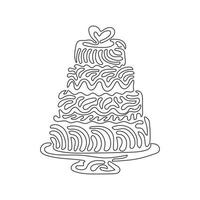 bolo de casamento de desenho de linha contínua com forma de amor no topo. bolo doce para celebrar o casamento. festa de casamento de sobremesa saborosa. estilo de onda de redemoinho. ilustração gráfica de vetor de desenho de linha única