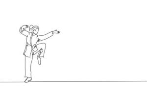 uma linha contínua desenhando jovem mestre de wushu, guerreiro de kung fu no quimono pose equilíbrio de postura no treinamento. conceito de concurso de esporte de arte marcial. ilustração em vetor de design gráfico de desenho de linha única