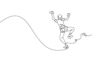 um desenho de linha contínua de mulher jovem alpinista de bravura praticar escalada de parede saliente com corda de segurança. conceito de esporte radical perigoso. ilustração em vetor design de desenho de linha única dinâmica