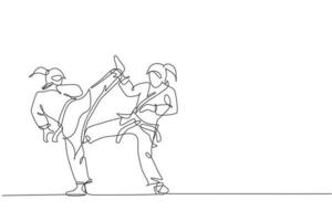 um desenho de linha contínua de duas jovens talentosas karatecas treinam pose para duelo no centro de ginástica dojo. conceito de esporte de arte marcial de domínio. ilustração em vetor design de desenho de linha única dinâmica