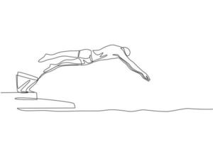 um único desenho de linha do jovem nadador apto esportivo salta para praticar natação na ilustração vetorial de centro esportivo de piscina coberta. estilo de vida saudável e conceito de esporte. design moderno de desenho de linha contínua vetor