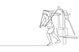 um desenho de linha contínua de jovem desportivo malhando com máquina de cabo cruzado no centro do clube de ginástica de fitness. conceito de esporte de fitness saudável. ilustração em vetor design de desenho de linha única dinâmica