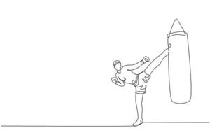 único desenho de linha contínua de exercício kickboxer jovem esportivo chutando saco de pancadas no salão de esportes. conceito de esporte de kickboxing de competição de luta. ilustração em vetor design de desenho de uma linha na moda