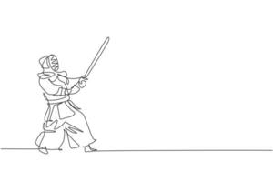 um único desenho de linha de jovem enérgico exercita a habilidade de defesa no kendo com espada de madeira na ilustração vetorial de centro de ginástica. conceito de esporte de luta combativa. design moderno de desenho de linha contínua vetor