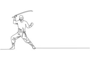 um desenho de linha contínua de jovem personagem ninja japonês corajoso em traje preto com posição de ataque. conceito de luta de arte marcial. ilustração em vetor design gráfico de desenho gráfico de linha única dinâmica