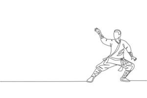 única linha contínua desenho jovem muscular shaolin monge homem treinar arte marcial no templo shaolin. conceito de luta de kung fu chinês tradicional. ilustração em vetor gráfico de design de desenho de uma linha na moda