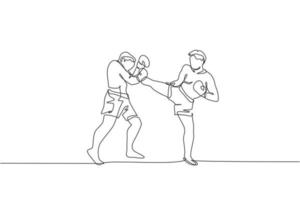 um único desenho de linha da prática de kickboxer jovem enérgico com personal trainer na ilustração gráfica de vetor de arena de boxe. conceito de esporte de estilo de vida saudável. design moderno de desenho de linha contínua