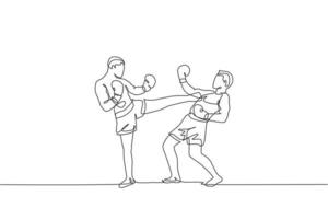 único desenho de linha contínua de kickboxer jovem esportivo lutando pelo título de campeão no salão de esportes. conceito de esporte de kickboxing de competição de luta. ilustração em vetor design de desenho de uma linha na moda