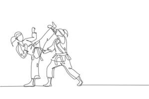 um desenho de linha contínua de duas jovens talentosas karatecas treinam pose para duelo no centro de ginástica dojo. conceito de esporte de arte marcial de domínio. ilustração em vetor design de desenho de linha única dinâmica