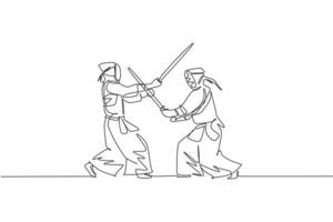 um desenho de linha contínua de dois jovens esportivos poupando o kendo de luta para melhorar a habilidade no centro do dojo. conceito de esporte de arte marcial saudável. ilustração em vetor design gráfico de desenho gráfico de linha única dinâmica