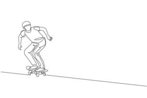 um desenho de linha contínua de um jovem skatista legal andando de skate e fazendo um truque no skatepark. conceito de esporte adolescente extremo. ilustração em vetor gráfico de desenho de linha única dinâmica