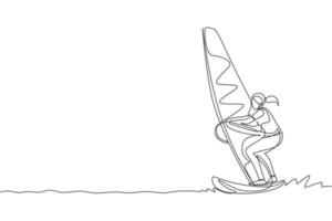 um único desenho de linha de jovem desportivo jogar windsurf na ilustração vetorial de praia do mar. estilo de vida saudável e conceito de esporte radical. férias de verão. design moderno de desenho de linha contínua vetor