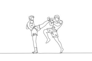um único desenho de linha de um jovem lutador de muay thai energético exercitando-se na ilustração vetorial do centro gráfico de fitness do ginásio. conceito de esporte de boxe tailandês combativo. design moderno de desenho de linha contínua vetor