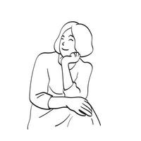 mulher de arte de linha com a mão sob o queixo ilustração vetorial mão desenhada isolada no fundo branco vetor