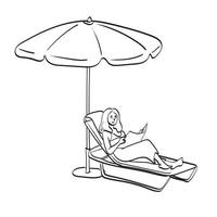 mulher jovem e bonita relaxando na espreguiçadeira sob guarda-chuva lendo jornal ilustração vetorial desenhada à mão isolada na arte de linha de fundo branco. vetor