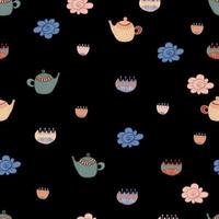 padrão sem emenda de chá com flores e pontos. ilustração de desenho animado multicolorido isolado em vetor