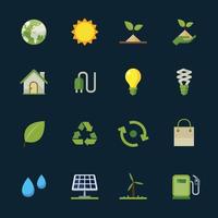 ícones de meio ambiente e ecologia com fundo preto vetor