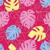 padrão sem costura rosa com folhas tropicais. monstera tropical deixa no fundo rosa. padrão sem emenda de verão. para têxteis, papel, papel de embrulho, embalagens, fundos, cartões. padrão de vetor. vetor