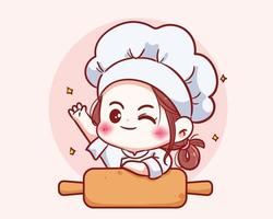 linda garota chef em personagem uniforme segurar a mão e sorrindo ilustração de arte dos desenhos animados do logotipo do restaurante de comida vetor