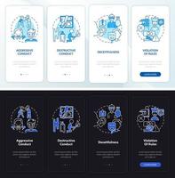 grupos de desordem de conduta noite, tela do aplicativo móvel de integração do modo diurno. passo a passo 4 passos páginas de instruções gráficas com conceitos lineares. ui, ux, modelo de gui. vetor