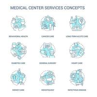 conjunto de ícones de conceito turquesa de serviços de centro médico. ilustrações de cores de linha fina de ideia de atendimento ao paciente profissional. símbolos isolados. traço editável.