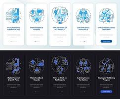 estimulação do funcionário modo noite e dia onboarding tela do aplicativo móvel. passo a passo 5 passos páginas de instruções gráficas com conceitos lineares. ui, ux, modelo de gui. vetor