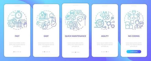 vantagens da tela do aplicativo móvel de integração sem código azul gradiente. web 3 0 passo a passo 5 passos páginas de instruções gráficas com conceitos lineares. ui, ux, modelo de gui. vetor