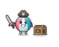 o personagem pirata bola de praia segurando a espada ao lado de uma caixa de tesouro vetor