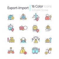 exportar e importar o conjunto de ícones de cores rgb de negócios. comércio internacional. ilustrações vetoriais isoladas. coleção de desenhos de linha cheia simples. traço editável. vetor