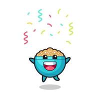 mascote de tigela de cereal feliz pulando de parabéns com confete de cor vetor