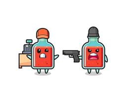 ilustração da garrafa de veneno quadrada fofa como um caixa é apontado uma arma por um ladrão vetor