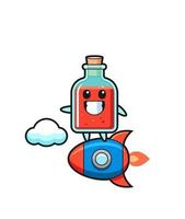 personagem de mascote de garrafa de veneno quadrado montando um foguete vetor