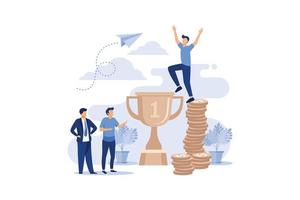 vencedores de personagens de negócios de sucesso segurando o troféu de ouro acima da cabeça ficar em cima de pedra alta e pedestal. realização de metas, lucro financeiro e riqueza. ilustração de design plano vetor