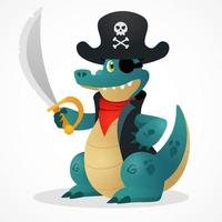 mascote de pirata crocodilo de desenho animado, segurando o sabre. personagem animal plano para conto de fadas e história infantil. chapéu de capitão com escola vetor