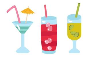 coquetéis de praia com gelo. bebida refrescante em copos com tubos. azul em camadas, rosa berry e verde com limão. ilustração vetorial para um verão ensolarado. vetor