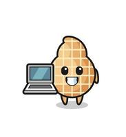 ilustração de mascote de amendoim com um laptop vetor