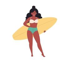 mulher negra com prancha de surf. atividade de verão, verão, surf. Olá verão. férias de verão vetor