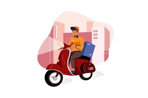entregador entrega pacote ou pacote em uma ilustração de scooter vetor