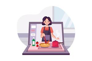 curso online com uma garota cozinhando vetor