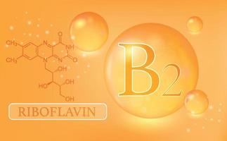 vitamina b2, riboflavina, gotas de água, cápsula em um fundo laranja. complexo vitamínico com fórmula química. cartaz médico de informações. ilustração vetorial vetor