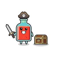 o personagem pirata de garrafa de veneno quadrado segurando a espada ao lado de uma caixa de tesouro vetor