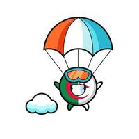 desenho de mascote de bandeira da argélia está saltando de paraquedas com gesto feliz vetor