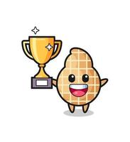ilustração de desenho animado de amendoim está feliz segurando o troféu de ouro vetor
