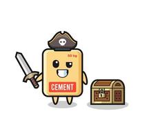 o personagem pirata de saco de cimento segurando a espada ao lado de uma caixa de tesouro