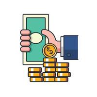 ícone fino colorido de dinheiro na mão, ilustração em vetor conceito de negócios e finanças.