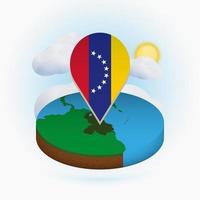 mapa redondo isométrico da venezuela e marcador de ponto com bandeira da venezuela. nuvem e sol no fundo.