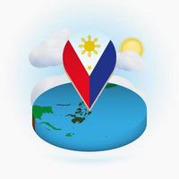 mapa redondo isométrico das filipinas e marcador de ponto com bandeira das filipinas. nuvem e sol no fundo. vetor