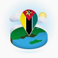 mapa redondo isométrico de moçambique e marcador de ponto com bandeira de moçambique. nuvem e sol no fundo. vetor