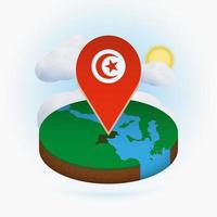 mapa redondo isométrico da Tunísia e marcador de ponto com bandeira da Tunísia. nuvem e sol no fundo. vetor