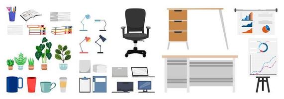 conjunto de equipamentos de escritório com diferentes equipamentos pasta de arquivos prancheta alguma pilha de papel cadeira mesa pc lâmpada planta isolada em branco vetor